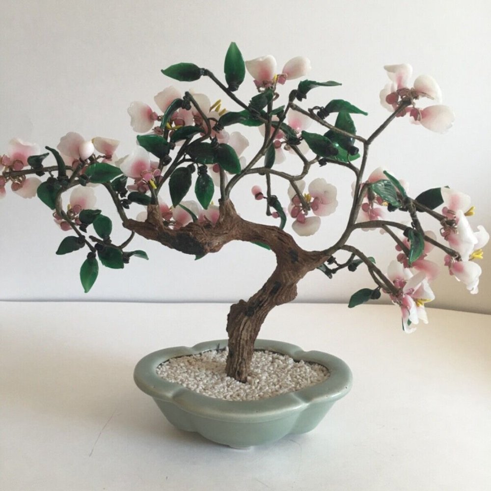 Chinese Jade Sweeping Sakura Blossoms Bonsai Pink Glass Tree in Celadon Pot